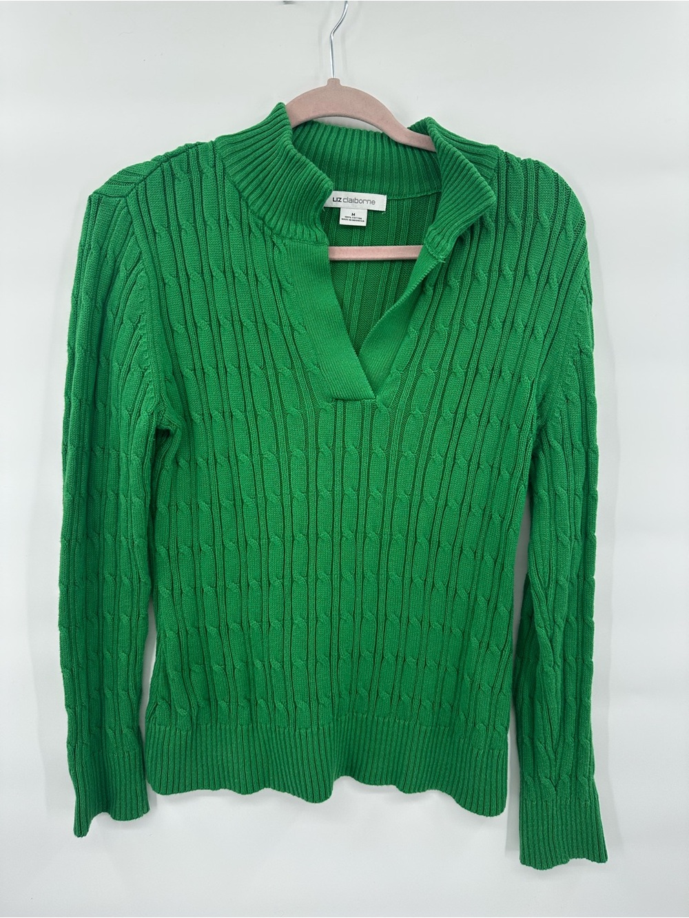 Liz Claiborne Kelly Green Cable Knit Sweater Women's Medium Split Neck 1167 - Picture 3 of 7